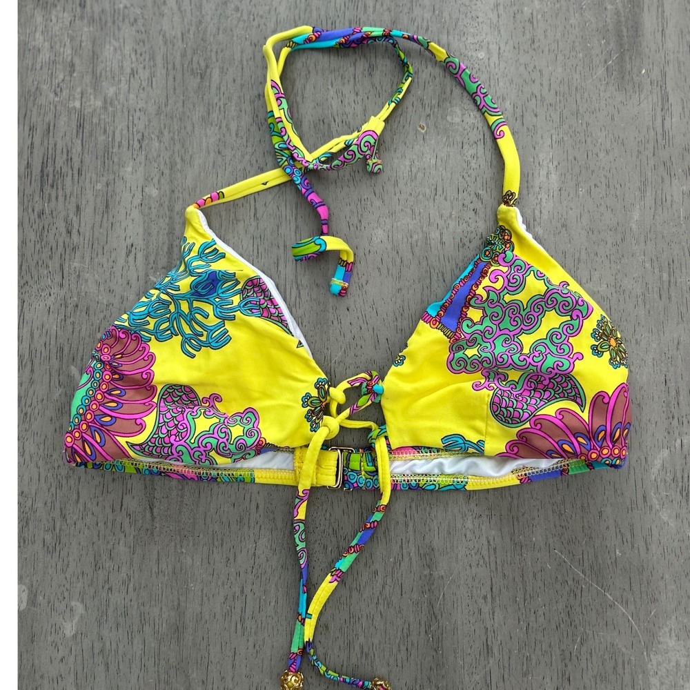 Trina Turk Yellow Psychedelic Paisley Coral Triangle Bikini Top Size 6